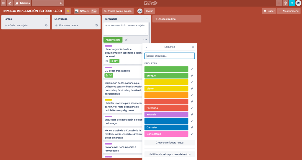Vista de organización por tarjetas y listas de Trello.